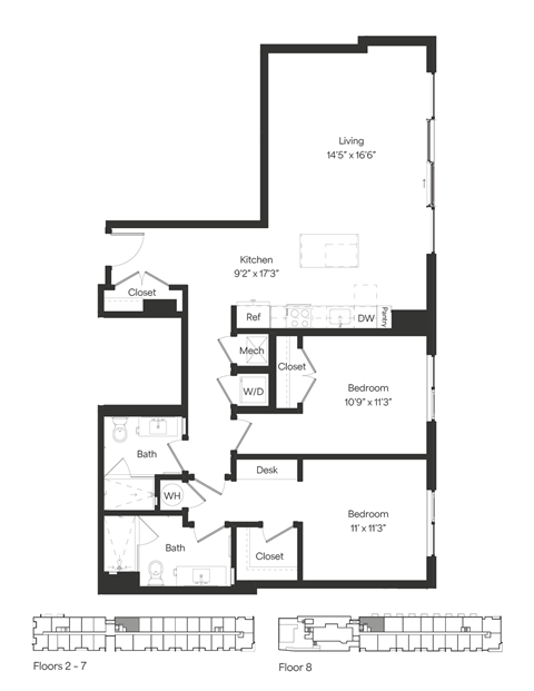Floor plan for 2 beds, 2 baths, 1176 sqft